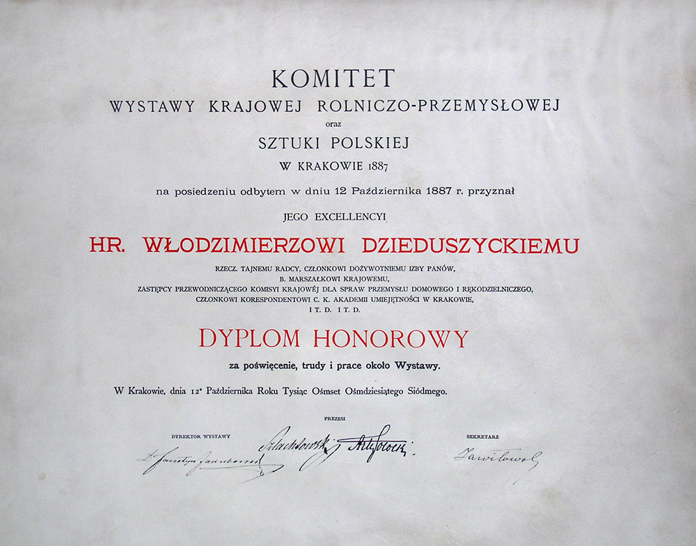 Диплом Komitet Wystawy Krajowej Rolniczo-Przemysłowej oraz Sztuli Polskiej w Krakowie 1887