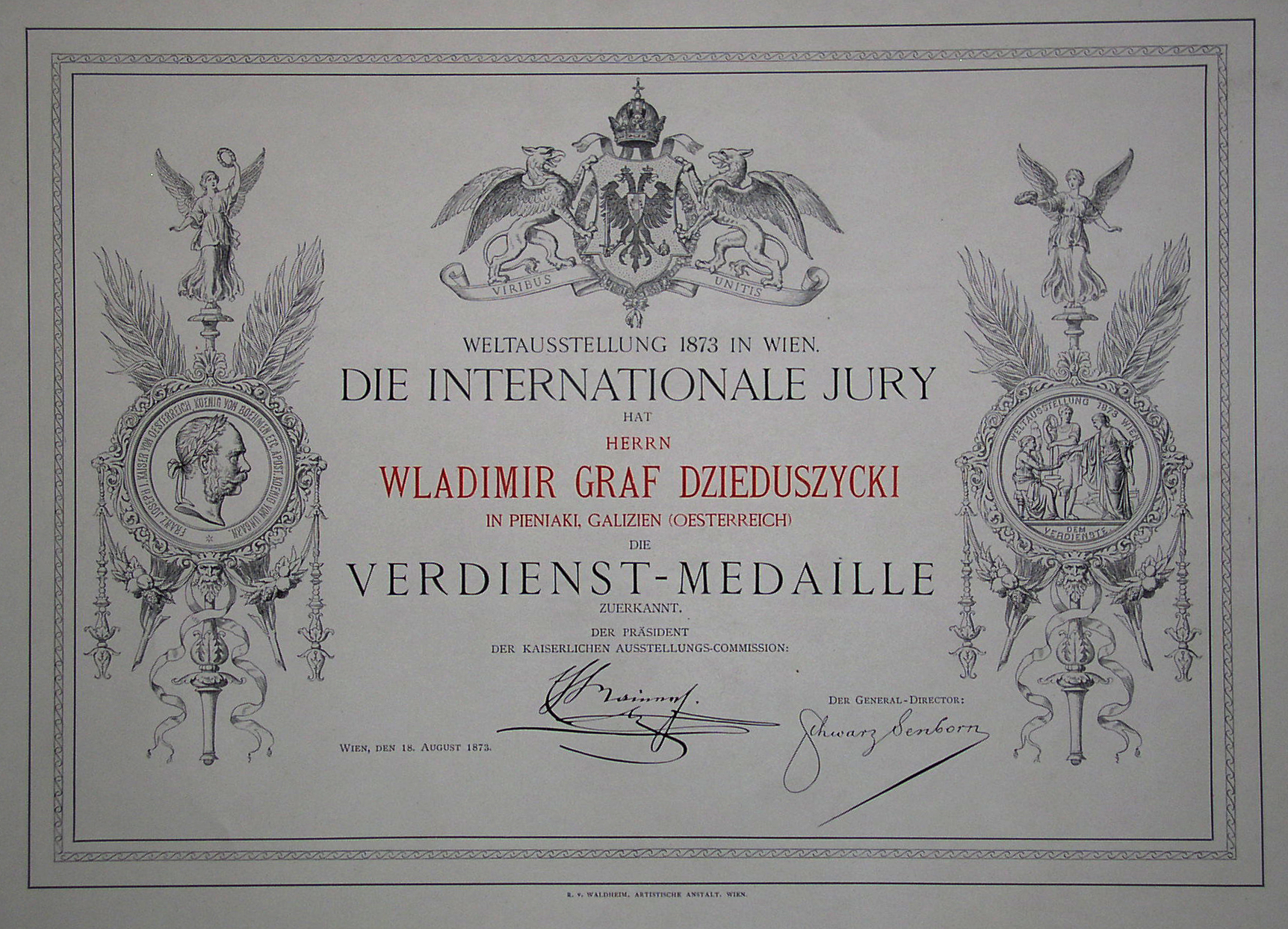 Диплом Weltaustellung 1873 in Wien. Die Internationale Jury