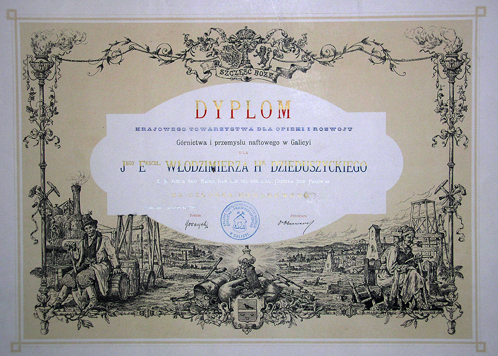 Диплом Dyplom Krajowego Towarzystwa dla opieki i rozwoju Górnictwa I przemysłu w Galicyi