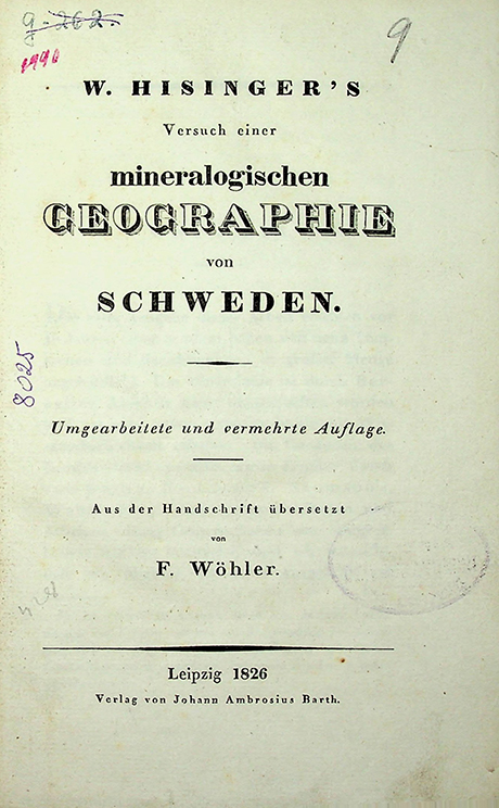 Hisinger's W. Versuch einer mineralogischen Geographie von Schweden (1826).