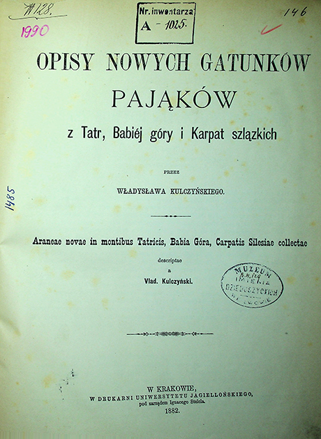 Kulczyńskiego W. Opisy nowych gatunkow Pająkow z Tatr, Babiéj góry i Karpat szlązkich (1882).