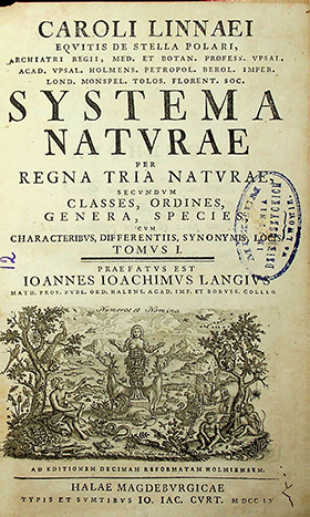 Linnaei, Caroli. Caroli Linnaei Equitis De Stella Polari, Archiatri Regii, Med. Et Botan. Profess. Upsal. Acad. Upsal. Holmens. Petropol. Berol. Imper. Lond. Monspel. Tolos. Florent. Soc. Systema Naturae - per Regna Tria Naturae, Secundum Classes, Ordines, Genera, Species, Cum Characteribus, Differentiis, Synonymis, Locis / C. Linnaei. - Halae Magdeburgicae: IO. IAC. CURT. – Tomus 1. – 1760. - 824 p.