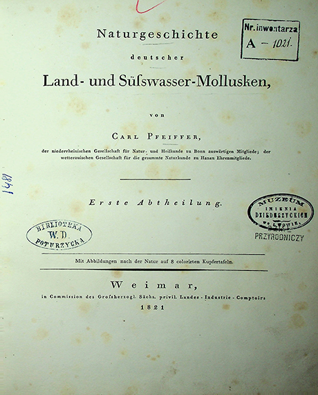 Pfeiffer Carl. Naturgeschichte deutscher Land - und Süßwasser-Mollusken / von Carl Pfeiffer. 
Erste Abtheilung. – Weimar: in Commision des Grossherzogl. Sachs. privil. Landes - Industrie - Comptoirs, 1821. - [X], 134 S. mit Abbildungen nach der Natur 8 colorirten Kupfertafeln