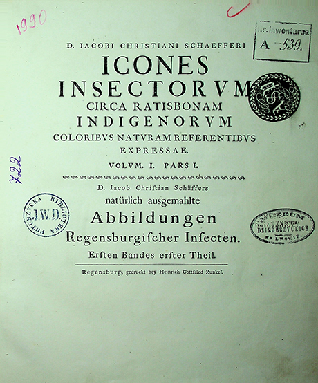 Schaefferi, Iacobi Christiani. Icones insectorum circa Ratisbonam indigenorum : coloribus naturam referentibus expressae = Natürlich ausgemahlte Abbildungen Regensburgischer Insecten / I. Ch. Schaefferi. - Regensburg: gedruckt bey Heinrich Gottfried Zunkel, 1766. Vol. 1, pars 1. – VI p., atlas 1-50 tab. Vol. 1, pars 2. – VIII p., atlas 51-100 tab., index 12 p.
[Lat.and Germ. Plates printed on both sides of the leaf].