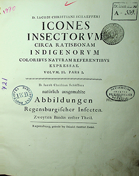 Schaefferi, Iacobi Christiani. [Schäffer J. C.] 1718-1790. Icones insectorum circa Ratisbonam indigenorum: coloribus naturam referentibus expressae = Natürlich ausgemahlte Abbildungen Regensburgischer Insecten / I. Ch. Schaefferi. – Regensburg: gedruckt bey Heinrich Gottfried Zunkel, 1766. Vol. 2, pars 1. – VIII p., atlas 51-100 tab., index 12 p. [Lat.and Germ. Plates printed on both sides of the leaf].