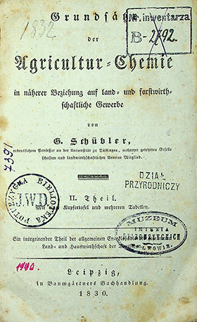 Schübler G. Agricultur-Chemie in nȧhererv Beziehung auf land und forstywirth schaftliche Gewerte / von G. Schübler. Th. II. – Leipzig: in Baumgȧrtners Buchhandlung, 1831. – [IV], 272 S.